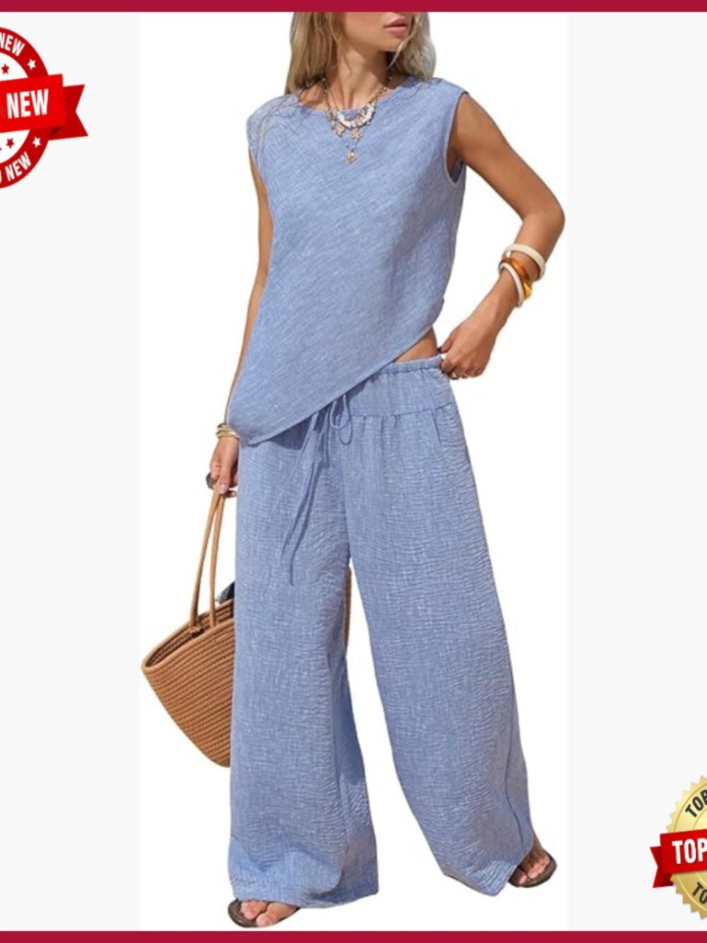 Large Cotton Blend Two Piece Set Asymmetrical Tank Wide Leg Pants